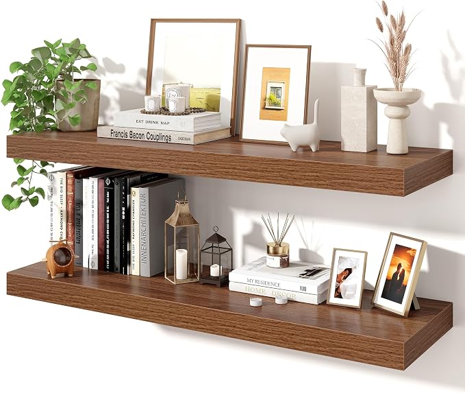 Axeman 36Inch Floating Shelves for Wall, 2 Pack Shelves for Bedroom, Bathroom, Kitchen, Hanging Wall Mounted Rustic Wood Shelf with Invisible Brackets for Books Decor, Walnut