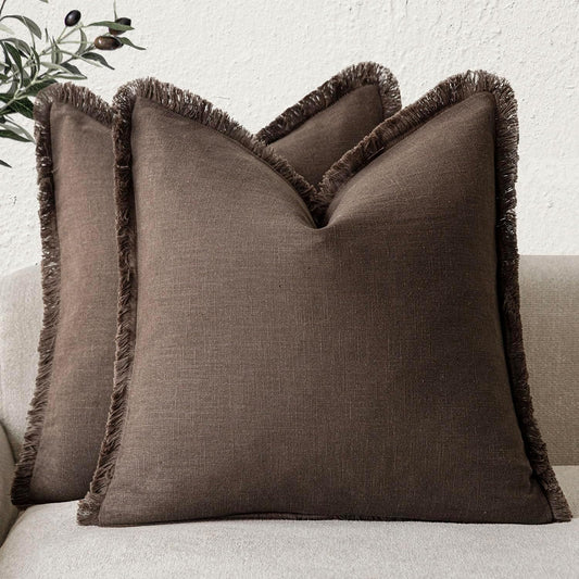 Foindtower Set of 2 Decorative Linen Fringe Throw Pillow Covers Cozy Boho Farmhouse Cushion Cover with Tassels Soft Accent Pillowcase for Couch Sofa Bed Living Room Home Decor,26×26 Inch,Reddish Brown