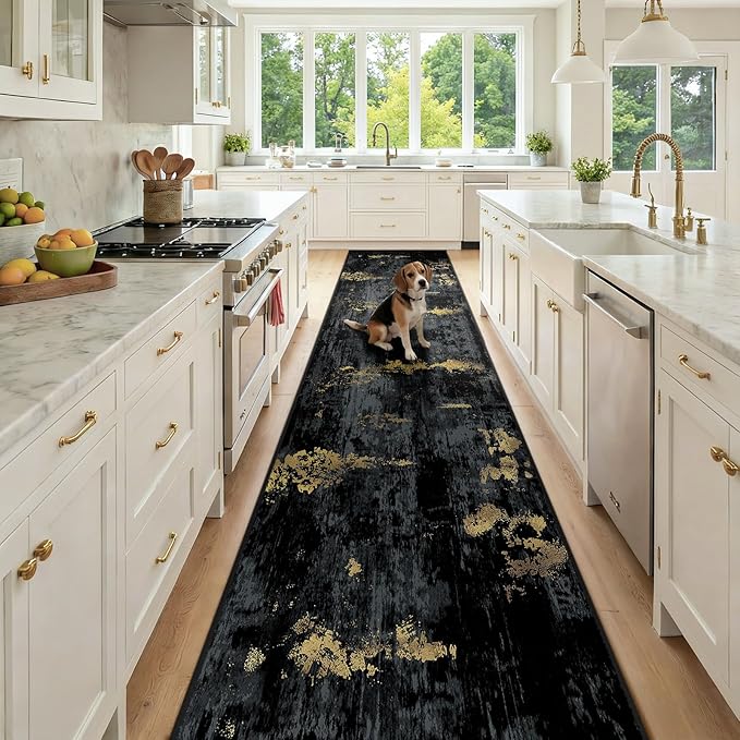 RELEANY Washable Area Rugs 2'6'' x12 Non-Slip Modern Abstract Soft for Living Room Entryway Bedroom Nursery, Print Pattern, Dark Black Gold