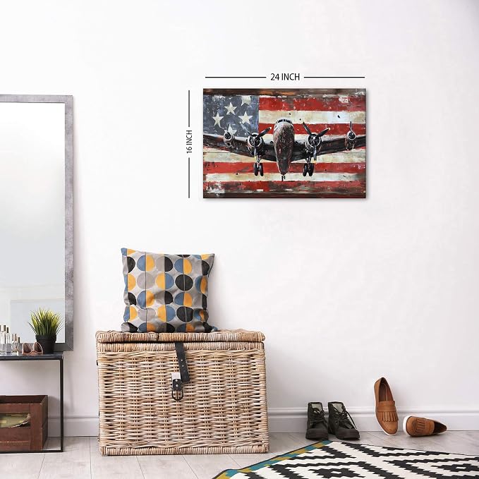 Airplane Wall Art Vintage Aircraft Picture Wall Decor for Bedroom Office Rustic USA Flag Prints Artwork Living Room Canvas Aircraft Propeller Pictures Posters Artwork Kitchen Home Decorations 16x24"