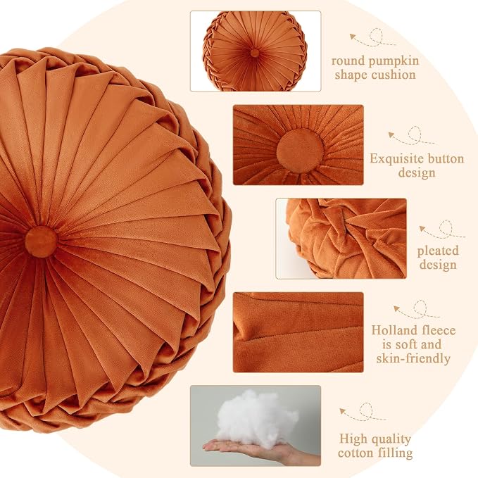 Drydiet 4 Pcs Round Throw Velvet Pillows Decorative Pleated Throw Pillows Diameter Accent Pumpkin Boho Chair Cushion for Couch Sofa Home Decoration (Burnt Orange,Yellow,15'')