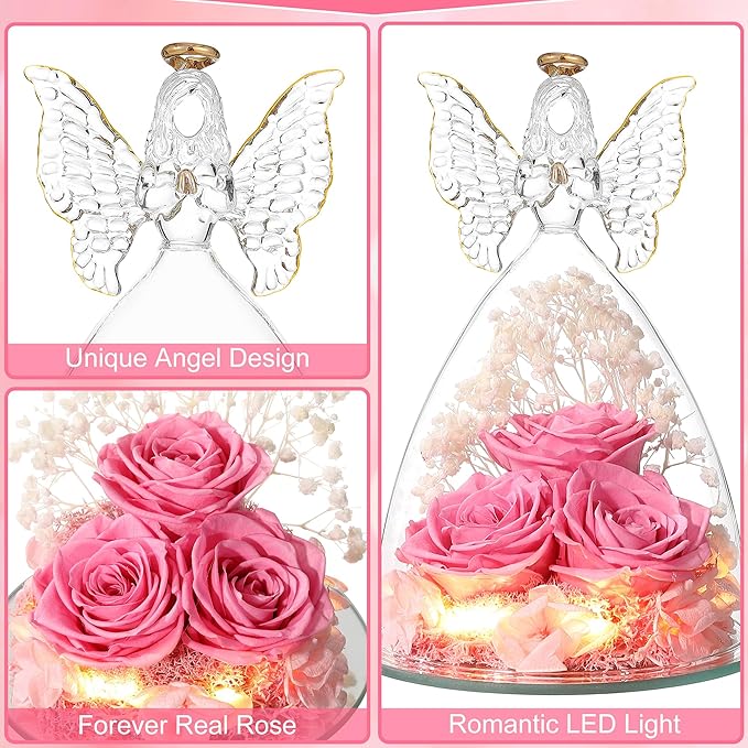 Mothers Day Rose Gifts for Women Preserved Real Flower in Glass Angel Figurines Roses for Delivery Prime Birthday Gifts for Mom Grandma Girlfriend Wife Her, Sweet Pink