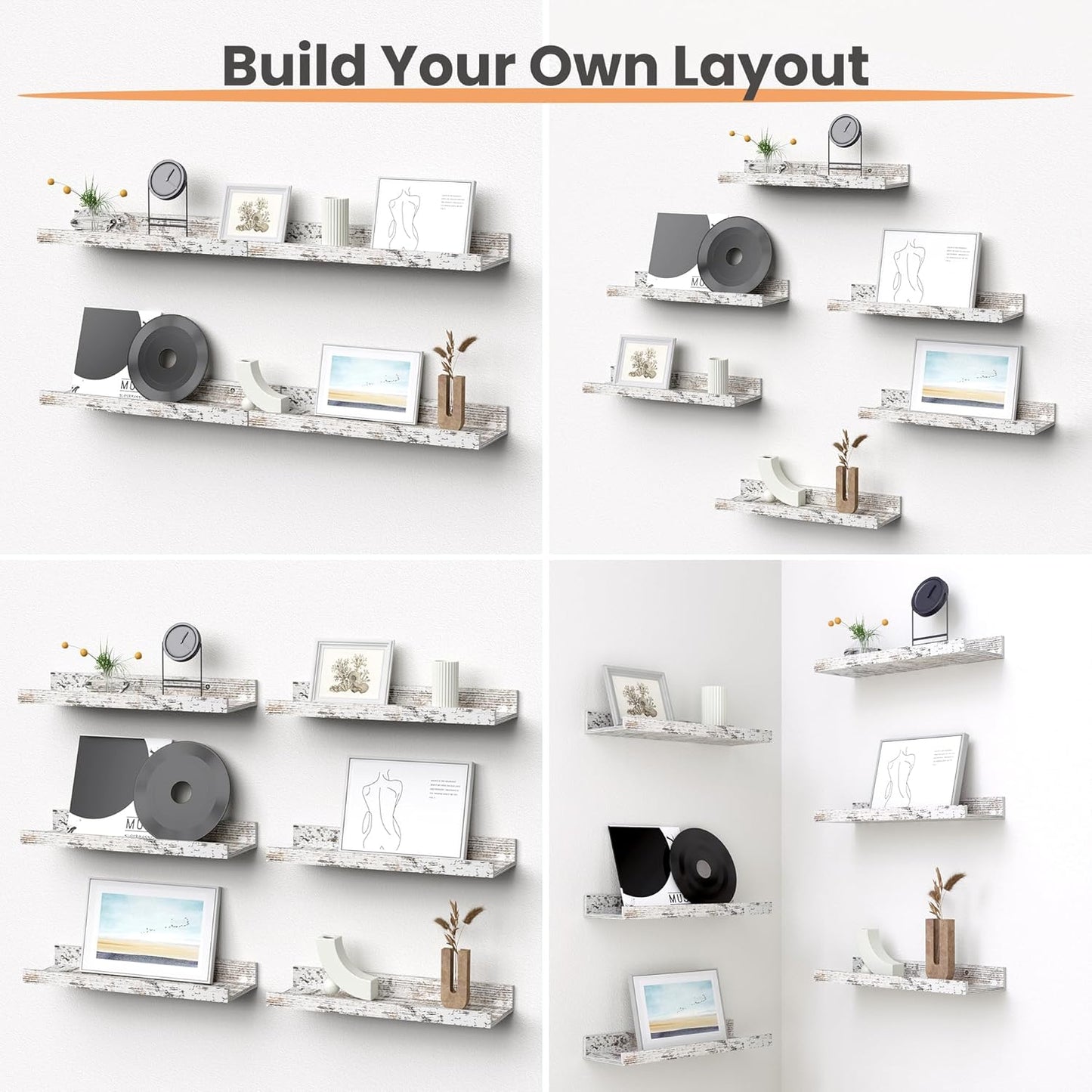 upsimples Floating Shelves for Wall, Wall Shelves for Decor Storage Set of 6, Wall Mounted Wood Shelf for Bedroom, Living Room, Bathroom, Kitchen, Picture Ledge Shelf, Rustic White