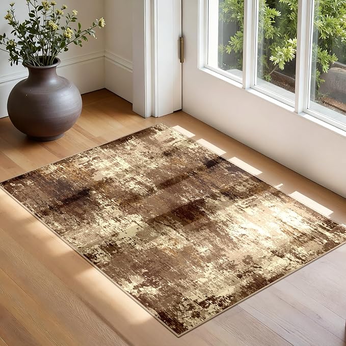 RELEANY Washable Area Rugs 2'x3' Non-Slip Modern Abstract Soft for Living Room Entryway Bedroom Nursery, Print Pattern, Brown Tan Beige Coffee