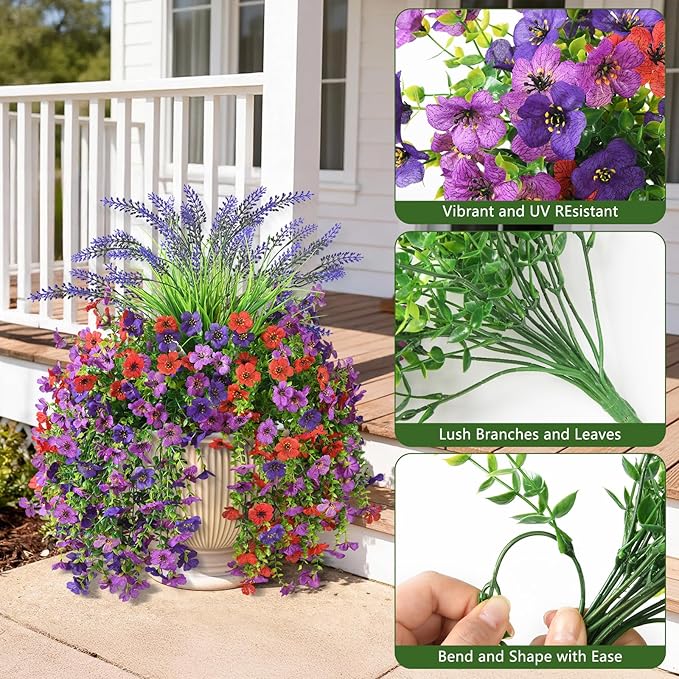 Artificial Fake Hanging Flowers Plants for Outdoor Outside Decoration, Faux Silk Daisy Flower Realistic UV Resistant for Front Porch Patio Balcony Garden Yard Indoor Planter Home Decor(Purple Red)