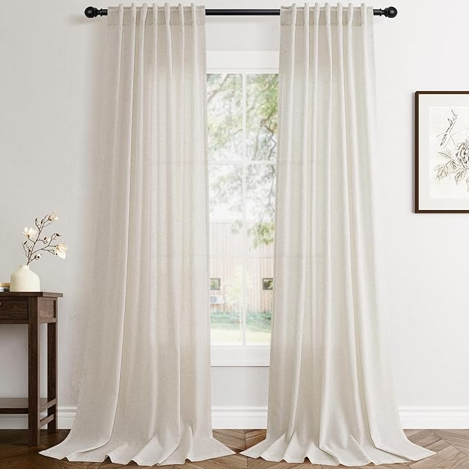 Jowels Sand Beige Linen Curtains 84 Inch Long 2 Panels for Living Room | Light Filtering Semi Sheer Curtain, Back Tab Pocket Pleated Look, Boho Farmhouse Textured Privacy Drapes for Bedroom Window
