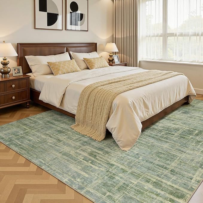 UERMEI 8x10 Washable Area Rug for Living Room: Modern Neutral Abstract Large Soft Low Pile Carpet Non-Slip Pet Kids Friendly Indoor Decor for Bedroom Dining Room Home Office Nursery Green