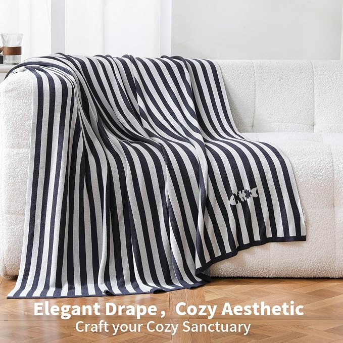 BOV Knit Light Blanket for Summer - 100% Viscose Super Soft Breathable Comfy Decorative Throw Blanket for Chair Couch Sofa Bed, Perfect Self Care Gifts for Women & Men, Onyx & Silver Stripe 50"x60"