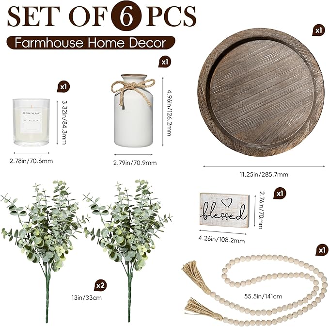 Rustic Modern Farmhouse Decor Set of 6 for Your Living Room, Kitchen Counter, Home or Table Centerpieces Room Decor, Wood Round Decorative Tray Easter Gifts for Women Men Easter Basket Stuffers