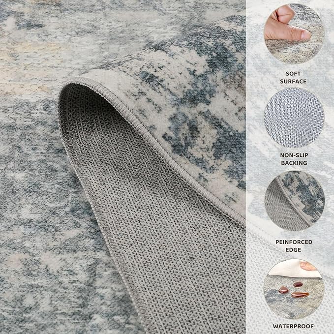 UERMEI 10ft Round Area Rug Living Room Rugs - 10x10 Washable Large Neutral Modern Abstract Soft Thin Rug Indoor Floor No Slip Rug Carpet for Bedroom Under Dining Table Home Office Decor - Blue Grey