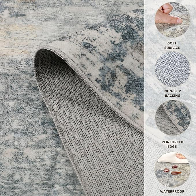 UERMEI 8ft Round Area Rug Living Room Rugs - 8x8 Washable Neutral Modern Abstract Soft Thin Rug Indoor Floor No Slip Rug Carpet for Bedroom Under Dining Table Home Office Decor - Blue Grey