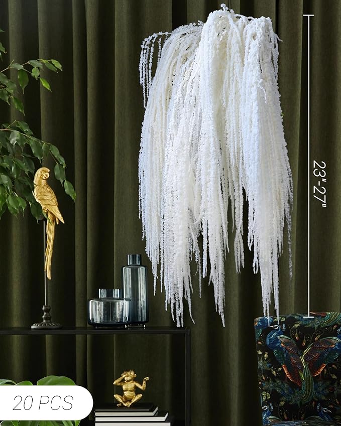 20Pcs Preserved Hanging Amaranthus Flowers - Ivory White 23"-27" Extra Full Cascading Dried Florals for Wedding Decor, Arch Installations, Vase Filler, Home Styling