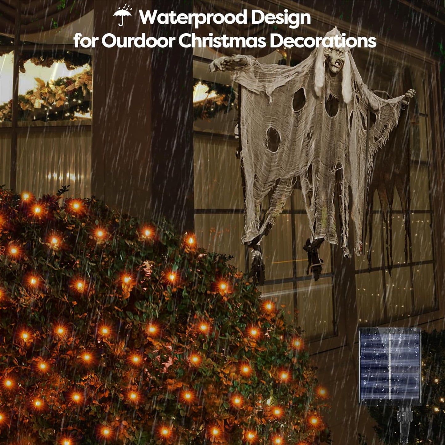 WBao Solar Halloween Lights Outdoor, 200LED 8.4ft x 5.2ft Halloween Net Lights with Remote, 8 Modes, Timer, IP65 Waterproof & Dark Green Wire for Lawn, Bushes, Trees Outdoor Decorations, Orange