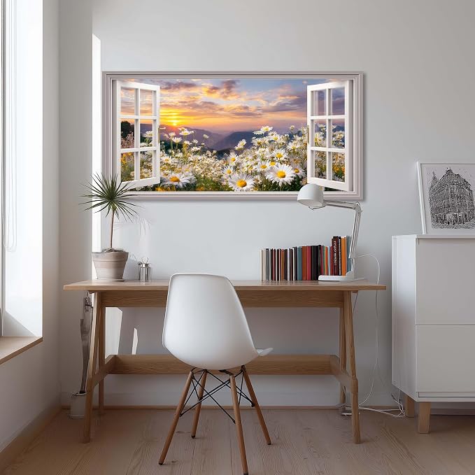 Ggaafet Wildflower Window Wall Art for Living Room Canvas Painting Prints Beautiful Daisy Floral Blooming Landscape Art Deco Pretty Artwork Office Bedroom Family Dining Room Decor Extra Large