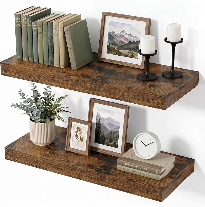Vivelove Wall Floating Shelves for Display with Invisible Brackets,16 Inch Floating Shelf for Bathroom Bedroom Living Room Kitchen, 16" X 8" X 1.4", Set of 2 - Rustic Brown