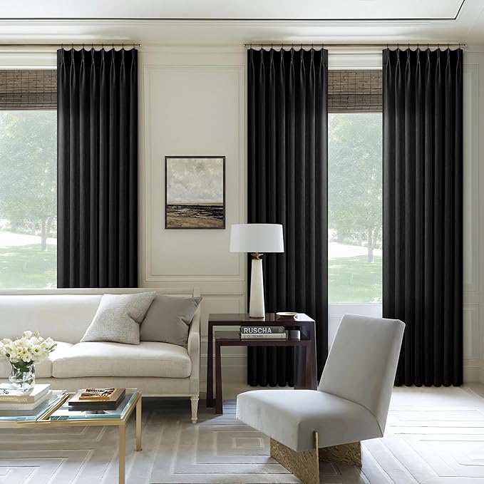 Black Linen Curtains Pinch Pleated 90 Inches Long for Living Room Bedroom Pleat with Hooks Rings Back Tab Semi Sheer Curtains 90 Inch Length Light Filtering Farmhouse Rustic Drape 1 Panel W50xL90