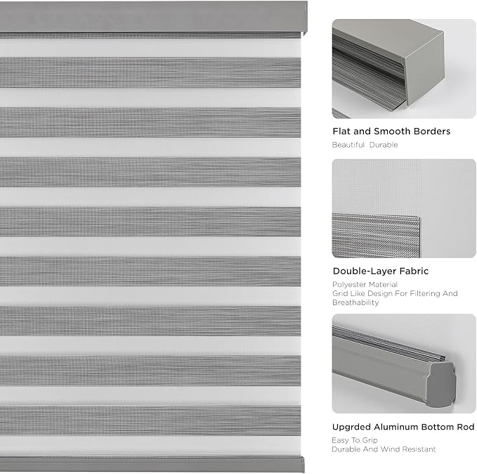Joydeco Cordless Zebra Blinds (Pro), Dual Layer Light Control Zebra Blinds for Windows, Light-Proof Aluminum Cover, Free-Stop Roller Shades for Home & Office (Gray, 45" W x 75" H)