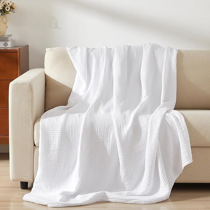PHF 100% Cotton Muslin Blanket Queen Size 90"x90", 4-Layer Lightweight Gauze Throw, Breathable Cloud-Soft Minimalist Blanket for Bed, Couch, Camping & Baby, White, Ideal Gift