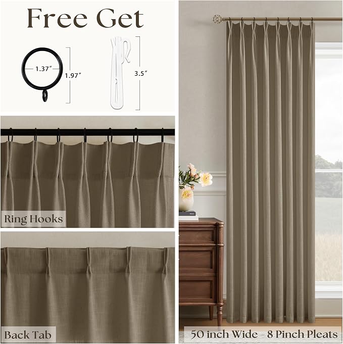 Pinch Pleated Linen 96 Inch Curtains 50 Inch Width for Living Room Divider Light Filtering Thick Light Brown Linen Extra Wide Patio Curtains for Sliding Door Balcony Floor to Ceiling Window 1 Panel