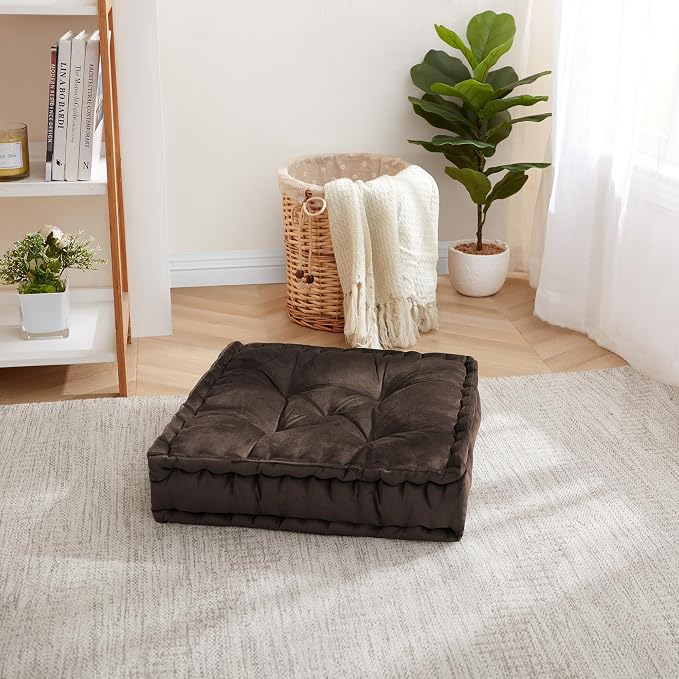 Floor Pillow Large Square Tufted Decorative Cushion 20" x 20" Faux Velvet Fabric Ultra Thick Fill for Kids and Adults, 1 Pack, Coffee Brown