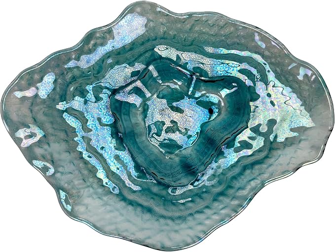 Oyster Shell Decorative Plate, 13 Inch Sea Blue Iridescent Glass | Wide Freeform Shell Form, Wavy Uneven Edges, Glossy Multitone Finish, Sits Flat for Tabletop Display