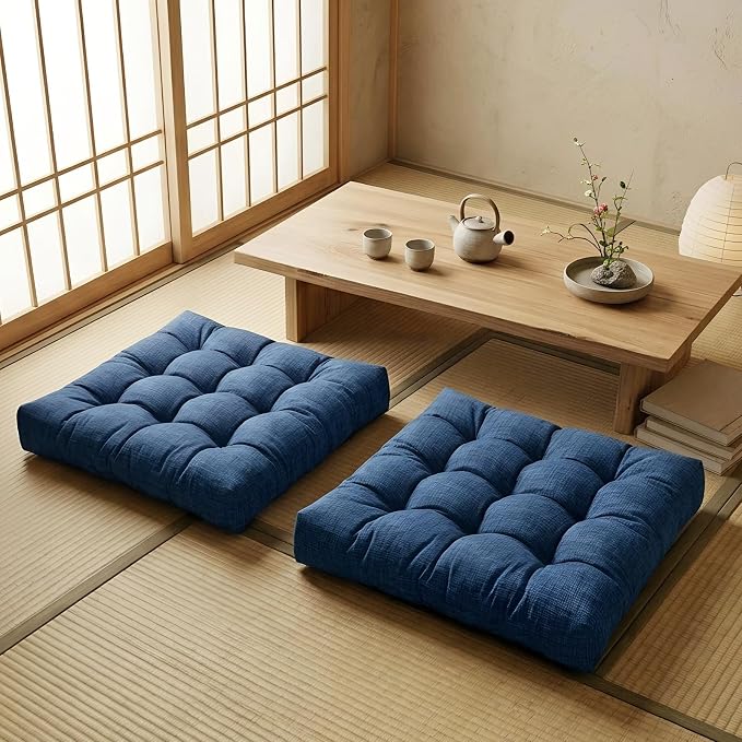 Large Square Floor Cushions Set of 2, 22 x 22 Inch with Non-Slip Bottom, Memory Foam Floor Pillow for Sitting, Meditation & Yoga, Soft Supportive Floor Seating Cushion for Adults & Kids (2, Navy Blue)