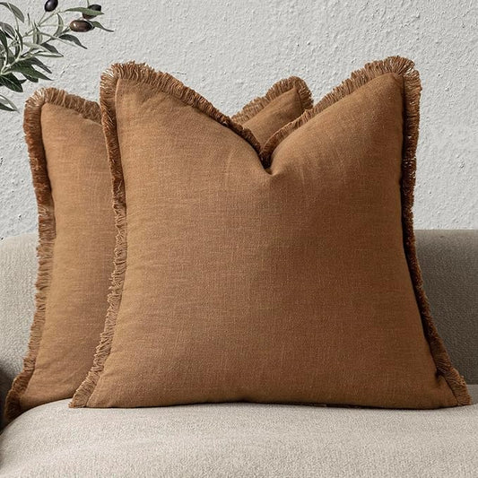 Foindtower Set of 2 Decorative Linen Fringe Throw Pillow Covers Cozy Boho Farmhouse Cushion Cover with Tassels Soft Accent Pillowcase for Couch Sofa Bed Living Room Home Decor, 26×26 Inch,Orange Brown