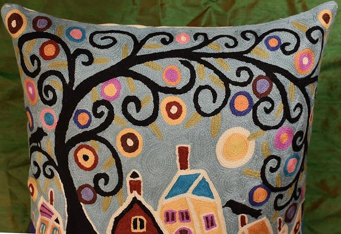 Turquoise Tree of Life Throw Pillow Cover | Karla Gerard Bird Pillows | Blue Flower Pillows | Plant Floral Chair Cushion | Flower Couch Pillow | Hand Embroidered Wool Size - 18x18