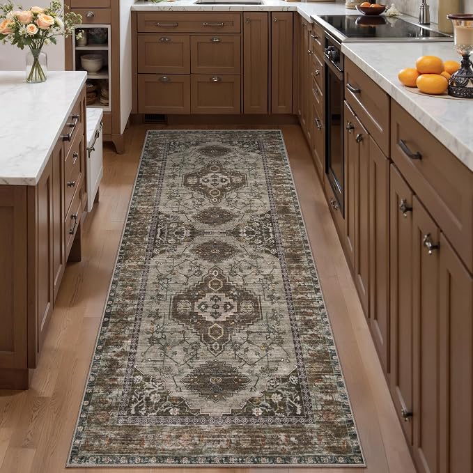 Tangsoo 2x6 Washable Runner Rug for Hallways, Non Slip Vintage Runner Rug, Soft Low Pile Long Rug Runner, Print Distressed Carpet Runners for Kitchen Bedroom Entryway Bathroom Living Room Grey
