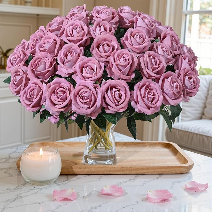 50 PCS Dusty Roses Artificial Flowers, Fake Roses with Stem Realistic Silk Roses for DIY Wedding Bouquets Tables Centerpieces Arrangements Baby Shower Birthday Home Decor Valentine's Day Gift for Her