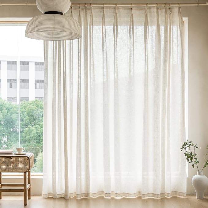 MAIHER 100 Inch Extra Wide Pinch Pleated Curtains, Light Filtering Natural Linen Semi Sheer Curtains 96 Inches Long for Living Room Soft Drapery Pinch Pleat Drapes with Hooks (1 Panel, 100 W x 96 L)