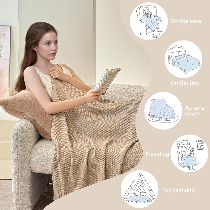 Simple&Opulence 100% Cotton Blanket Queen Size, Solid Color Cable Knitted Blanket Super Soft Comfortable Breathable Decorative Farmhouse for Couch Sofa Bed, All Season Use(Light Khaki,90x90)