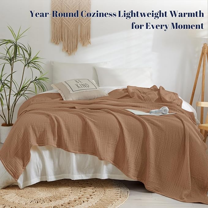 PHF 100% Cotton Muslin Blanket King Size 108"x90", 4-Layer Lightweight Gauze Throw, Breathable Cloud-Soft Minimalist Blanket for Bed, Couch, Camping & Baby, Clay, Ideal Gift