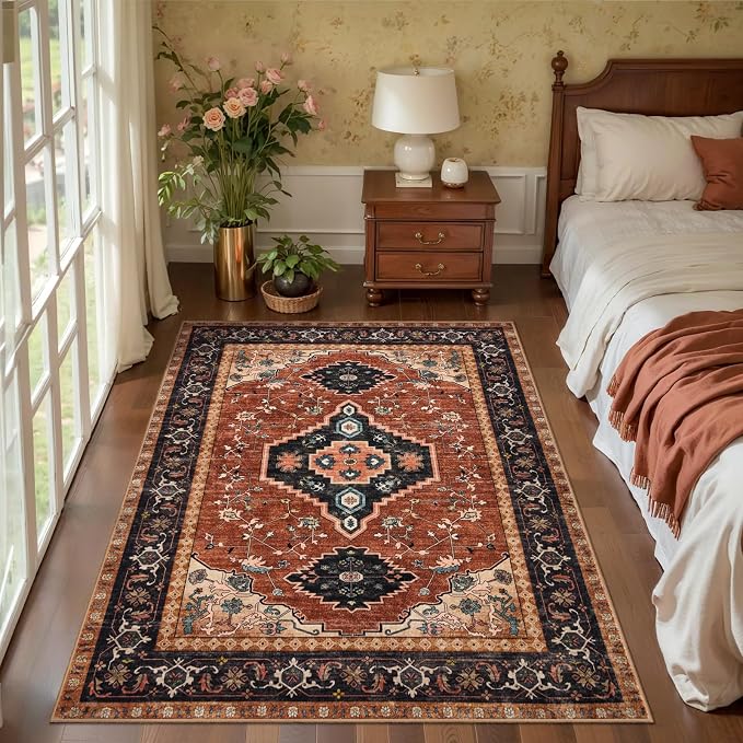 Tangsoo Oriental 3X5 Washable Rugs for Entryway, Non Slip Vintage Indoor Accent Rug Carpet, Boho Soft Low Pile Tumble Rug for Living Room Dining Bedroom Bedside Entry Orange Home Decor
