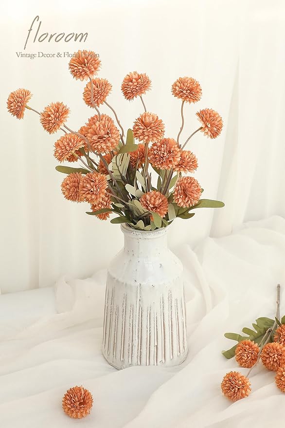 Floroom 5pcs Burnt Orange Faux Silk Mums Artificial Flowers, Bulk Fake Small Mini Chrysanthemums with Stems for DIY Wedding Centerpieces Floral Arrangements Vase Fillers Home Decorations
