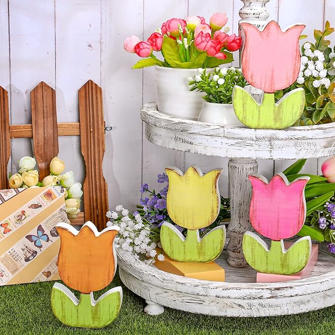 Whaline 4Pcs Spring Tulips Wood Signs Table Decor - Retro Spring Flowers Table Centerpiece Rustic Farmhouse Floral Tiered Tray Decor Tulip Block Wooden Signs for Home Tabletop Decor