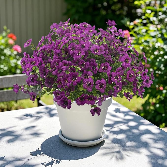 Grunyia Artificial Fake Flowers for Outdoor Spring Decoration, 16 Bundles Faux Silk Colorful UV Resistant Realistic for Outside Porch Patio Home Yard Garden Planters Pots Window Box (Light Purple)