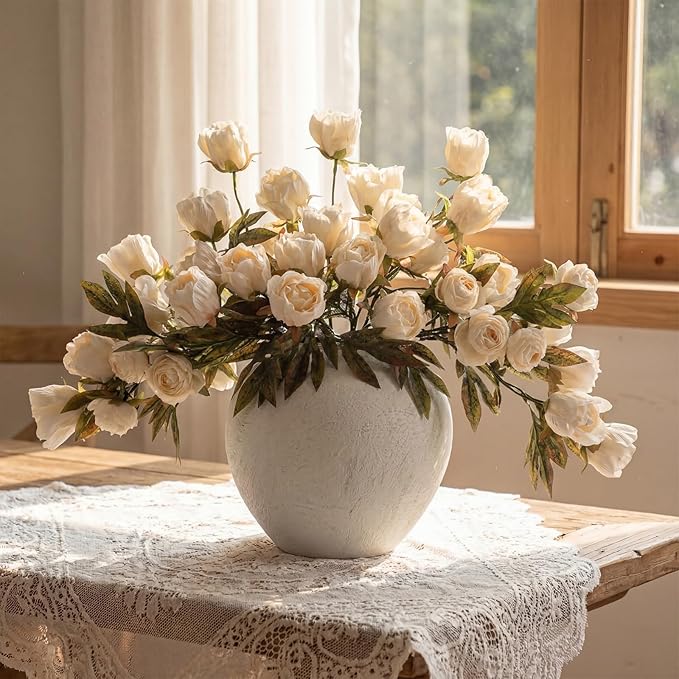 Thiccywoov 8 Pcs Beige Faux Peony Stems Flowers Bulk Vintage Artificial Silk Peonies Stems Real Look Fake Peonies Branches for Vase Filler DIY Bouquet Centerpieces Home Indoor Outdoor Decorations