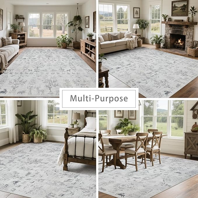 Srugn Washable Rugs 8x10 Area Rugs for Living Room,Bedroom,Dining Room- Large Ultra Soft Faux Wool Retro Carpet,Non Slip&Non-Shedding Low Pile Vintage Rug for Home Office Dorm Playroom-Tree Gray