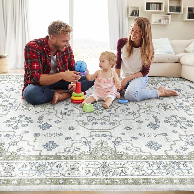 Area Rug 10x14 for Living Room - Washable Oriental Vintage Floral Distressed Large Indoor Carpets with Non Slip Back for Bedroom Dining Room Nursery Office Home Decor -Light Green