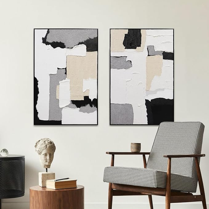Neutral Abstract Wall Art Hand Painted, 3D Textured with Fabric Wall Decor, Modern Minimalist Framed Canvas Painting, Black White Geometric Artwork for Home Office Living Room Bedroom, 24"x36"x2
