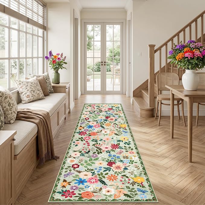 Runner Rug for Entryway: 3x10 Kitchen Rugs Non Slip Washable Ultra-Thin Soft Floral Carpet Indoor Floor Stain Resistant Carpets for Hallway Bedroom Kitchen Laundry Bathroom Dorm Green