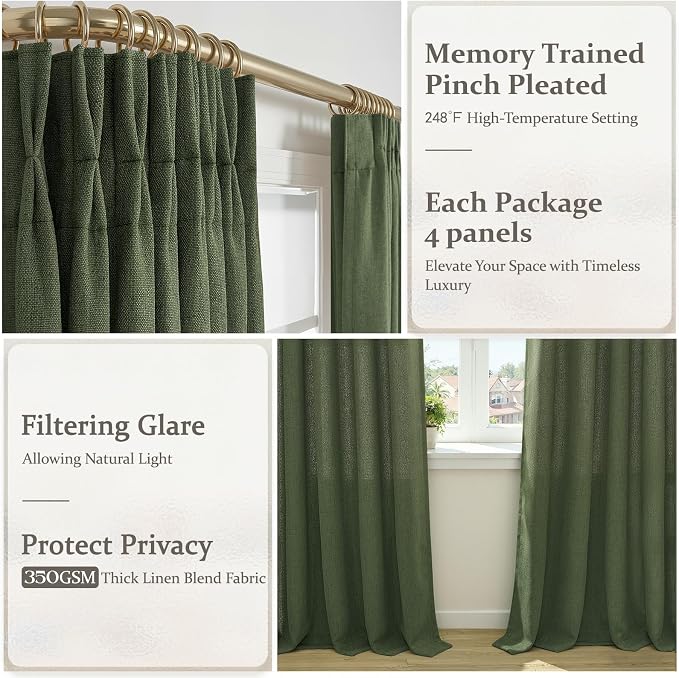 Linen Pinch Pleated 84 Inch Sliding Door Curtains 4 Panels Set, Olive Green Memory Trained Semi Sheer Light Filtering Living Room Drapes Loden Neutral Window Curtain 84 Inches Long Back Tab 40"Wx84"L