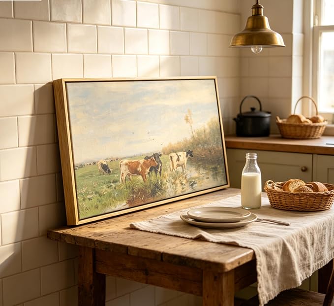 Large Wood Framed Vintage Cows Wall Art,Farm Field Landscape Canvas Print,Valley cattle herd Nature Country Painting,Picture Bedroom Wall Decor Gifts for Friends or Family