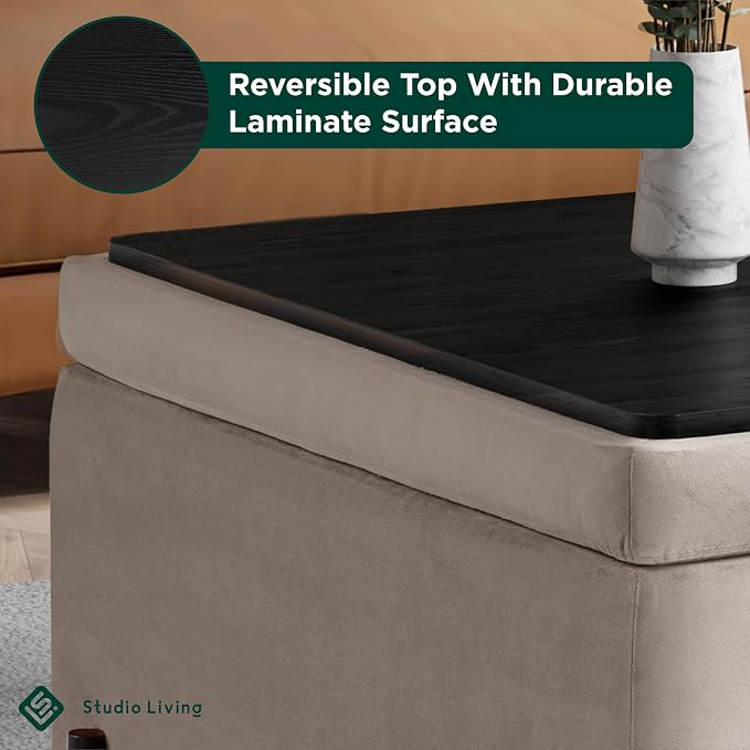 Studio Living® Connor 31.1" Large Storage Ottoman, Modern Boho, Matte Black Metal Legs, Velvet Fabric, Taupe