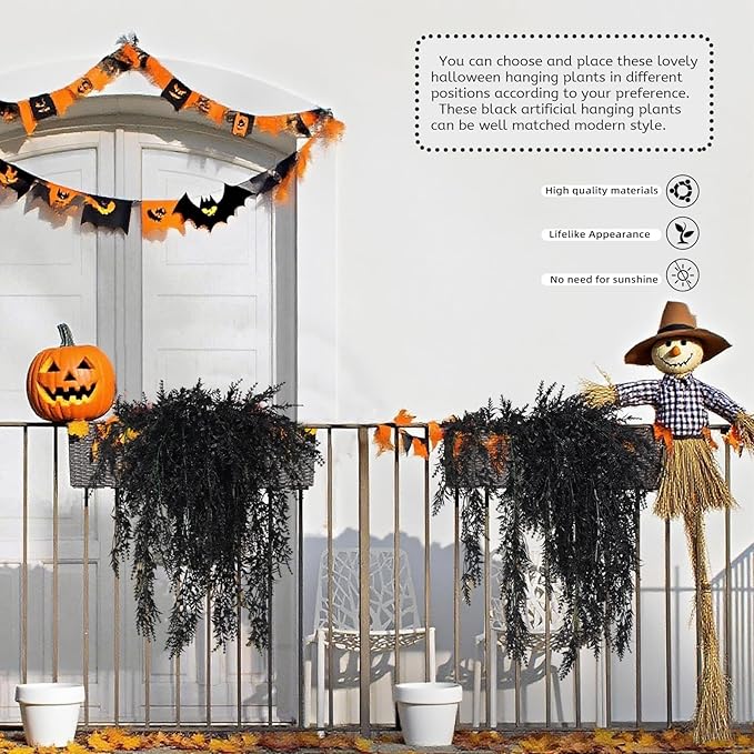 SJL Black Hanging Flowers Fake Hanging Plants Artificial Greenery Outdoor Flowers UV Resistant Fake Lavender Plant Plastic Flower Faux Vine for Garden Porch Gothic Halloween Decorations (Black)