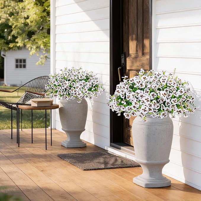 24 Pcs Artificial Fake Pansy Flowers for Outdoor,Faux Silk Plants Flowers UV Resistant Pansies Spring Flowers for Planter Front Door Porch Yard Patio Garden Window Box Home Decor(White)