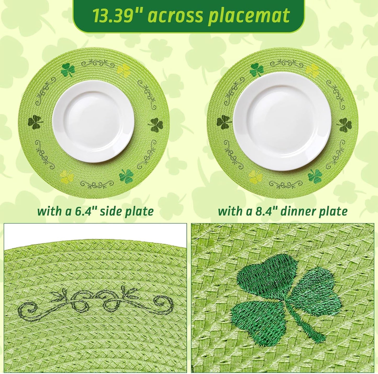 Whaline 4Pcs Round St. Patrick's Day Placemats Embroidered Shamrock Place Mats Green Clover Dinner Table Mats for Home Spring Irish Holiday Birthday Party Decor