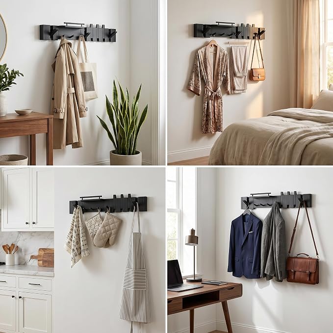 Mid Century Modern Walnut Foldable Entryway Wall Coat Hanger Hook with Shelf,Heavy Duty Wooden Piano Hidden Towel Hooks for Bathroom,Wall Rack for Purse&Key&Mail,Home Decor (Black, 9 Hooks)
