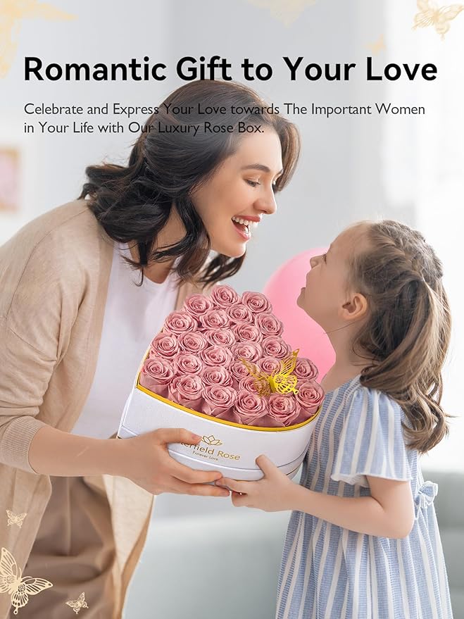 Eterfield 27 Forever Flowers in Heart Shape Box, Preserved Roses That Last a Year Preserved Flowers Birthday Gifts for Her Mom Women Wife Anniversary Valentines Day Mothers Day Christmas, Dusty Pink